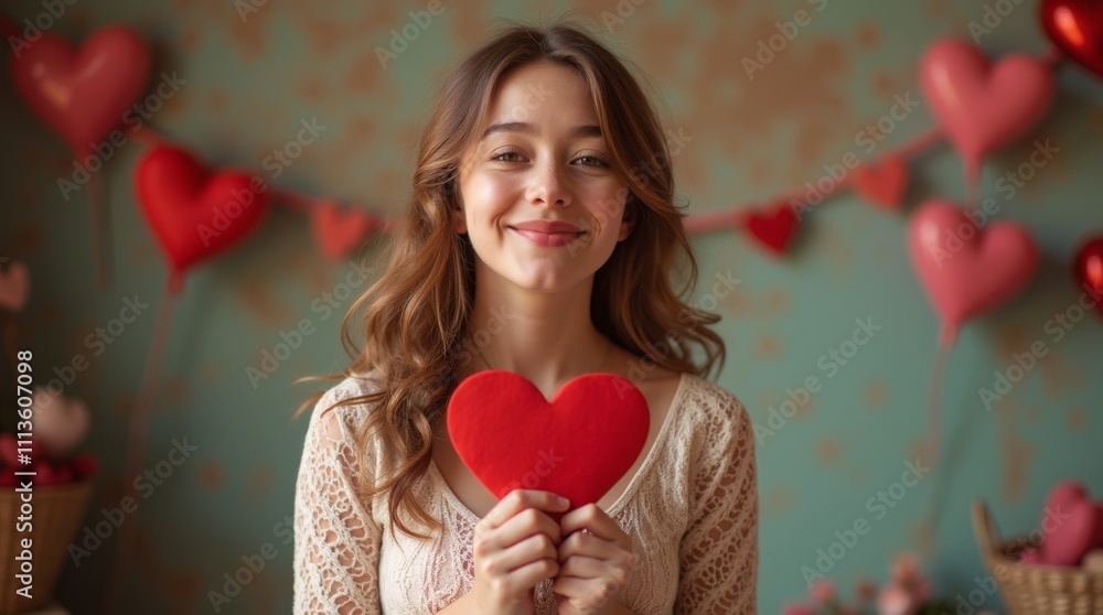 Smiling woman holding a heart with romantic decorations in the background Smiling woman holding a heart with romantic decorations in the background