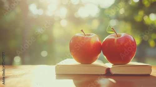 Freshly picked red apples resting on a wooden table in bright sunlight by the...