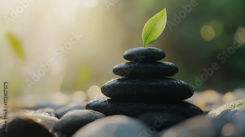 Stacked stones with green leaves symbolizing balance and nature at twilight