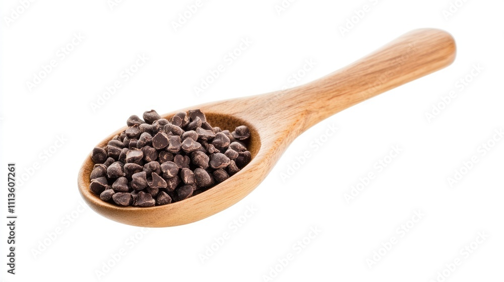 A wooden spoon filled with chocolate chips, commonly used for baking and cooking. A wooden spoon filled with chocolate chips, commonly used for baking and cooking.