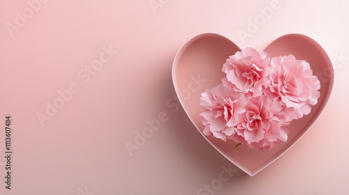 Flowers arranged in a heart shaped box on a light blue background