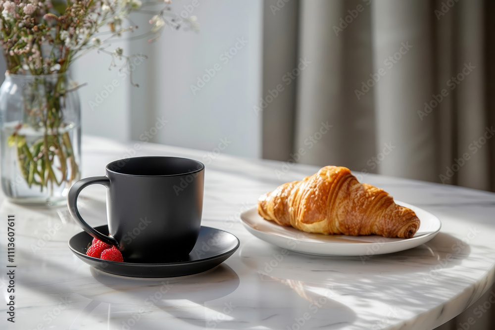Croissant and black coffee cup, bathed in soft morning light, setting a peaceful breakfast scene. Croissant and black coffee cup, bathed in soft morning light, setting a peaceful breakfast scene.