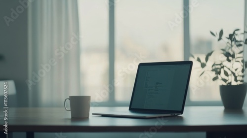 Workspace with a laptop and coffee cup in a bright, modern environment during...