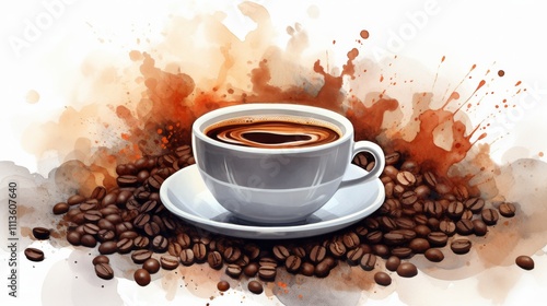 Beautifully crafted coffee cup with swirling patterns and coffee beans on a p...