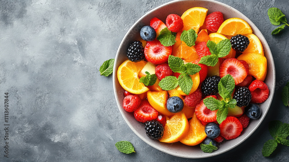 Fresh berries and oranges arranged beautifully in a bowl on a textured background Fresh berries and oranges arranged beautifully in a bowl on a textured background