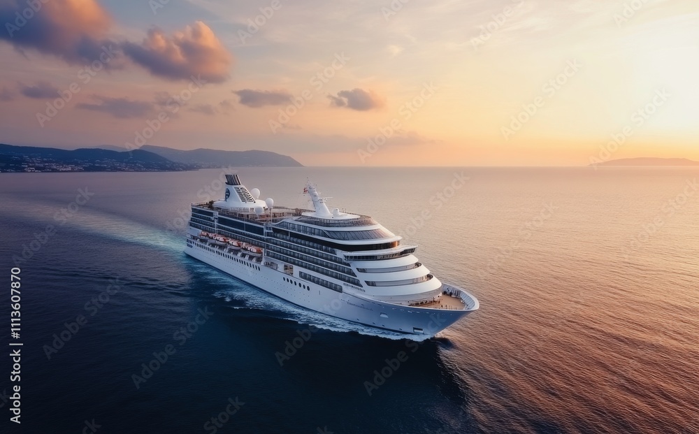 Luxury cruise ship sails across calm ocean at sunset near tropical destination Luxury cruise ship sails across calm ocean at sunset near tropical destination