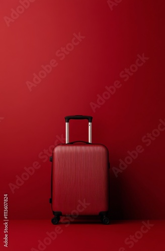 Red suitcase against a solid red background in a minimalist setting