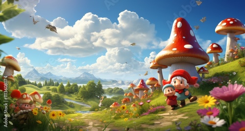Whimsical adventure through a vibrant mushroom landscape with children during...