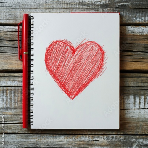 Simple heart drawing on blank notebook page with colored pencils ready to use