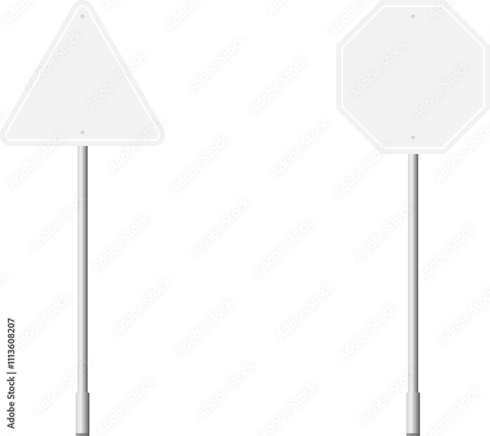 Various road, traffic signs. Highway signboard on a chrome metal pole. Blank white board with place for text. Information sign mockup.