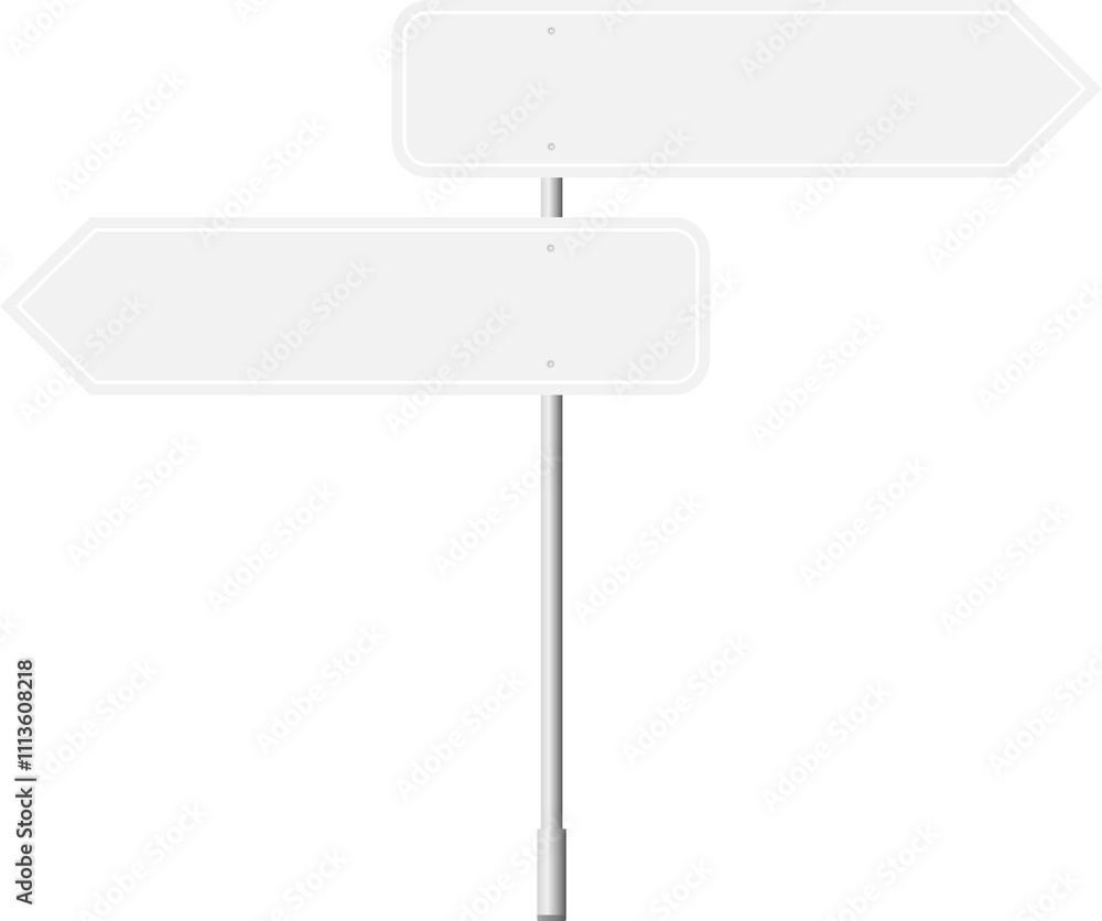 Various road, traffic signs. Highway signboard on a chrome metal pole. Blank white board with place for text. Information sign mockup. Various road, traffic signs. Highway signboard on a chrome metal pole. Blank white board with place for text. Information sign mockup.