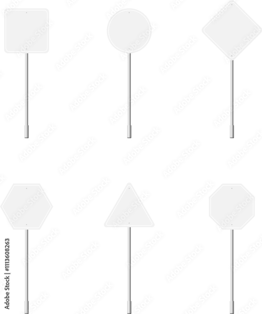 Various road, traffic signs. Highway signboard on a chrome metal pole. Blank white board with place for text. Information sign mockup. Various road, traffic signs. Highway signboard on a chrome metal pole. Blank white board with place for text. Information sign mockup.