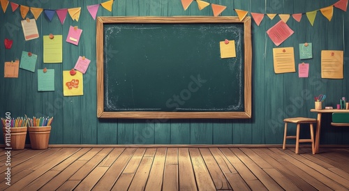 Creative classroom with chalkboard and colorful decorations in a bright learn...