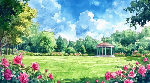 Beautiful garden with gazebo under bright blue sky surrounded by blooming ros...