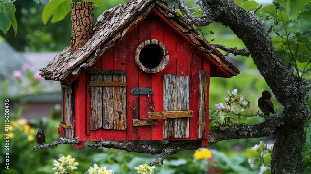 A vibrant red birdhouse with a rustic tree bark roof and detailed wooden panels. The house is perched on a tree branch in a peaceful garden setting with green foliage and blooming flowers.