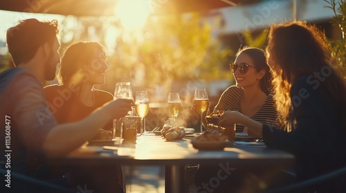 A group of friends enjoy drinks and food together at an outdoor restaurant in the golden hour.