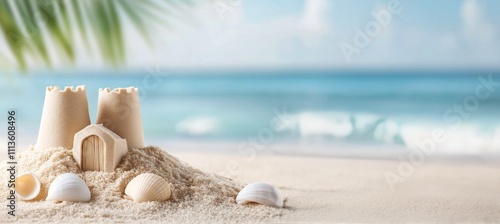 Sand castle on a beach with shells and turquoise water in the background duri...