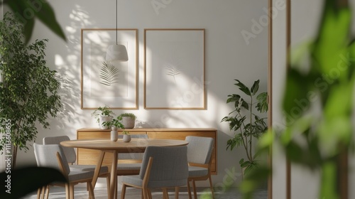 Elegant dining room with modern decor and indoor plants during daylight