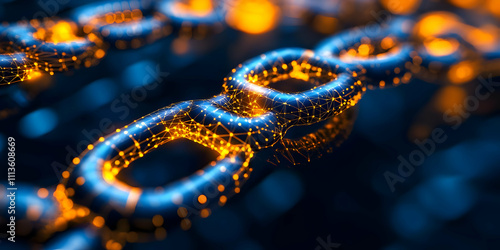 A close-up of a digital chain link with glowing elements, symbolizing blockchain technology.