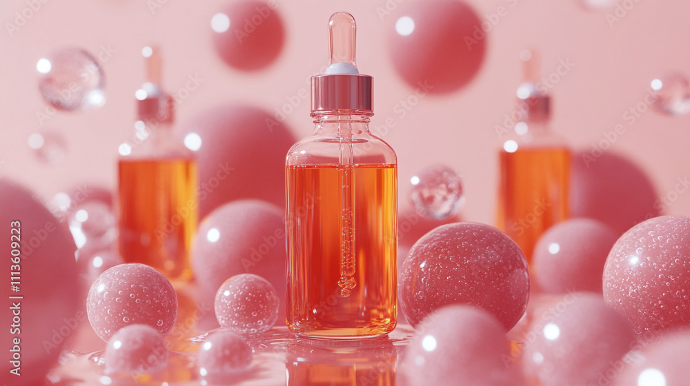 Bubble Vitamin C serum or Collagen product revitalize firmness to wrinkle or saggy skin. Anti Aging Medicine or serum and Skin treatment concept. 3D rendering Bubble Vitamin C serum or Collagen product revitalize firmness to wrinkle or saggy skin. Anti Aging Medicine or serum and Skin treatment concept. 3D rendering