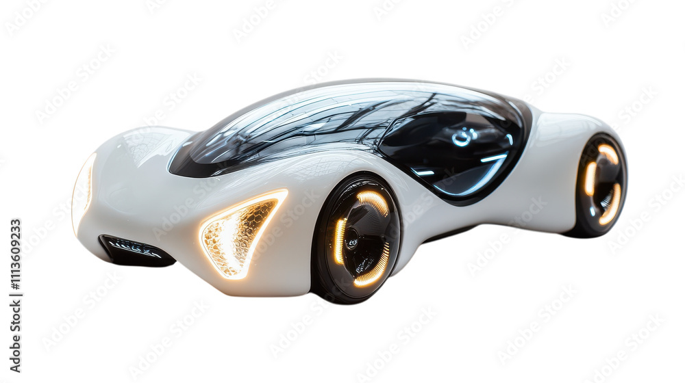 custom made wallpaper toronto digitalA stunning futuristic car stands strikingly on display, highlighting its smooth curves and transparent cabin. The unique design blends technology and art, captivating onlookers in a vibrant cityscape