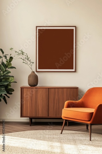 Stylish modern living room with wooden furniture and empty frame for artwork