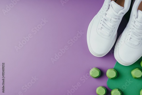 Workout gear on exercise mat with dumbbells and sneakers ready for fitness ro...