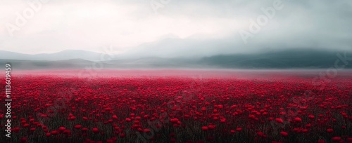 Beautiful poppy field under a dramatic cloudy sky in a serene valley at dawn