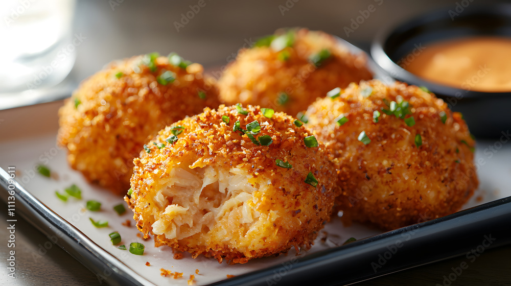 Crispy crab cakes made with lump crab meat, golden brown and garnished with chives, served with dipping sauce. delicious seafood appetizer perfect for sharing Crispy crab cakes made with lump crab meat, golden brown and garnished with chives, served with dipping sauce. delicious seafood appetizer perfect for sharing