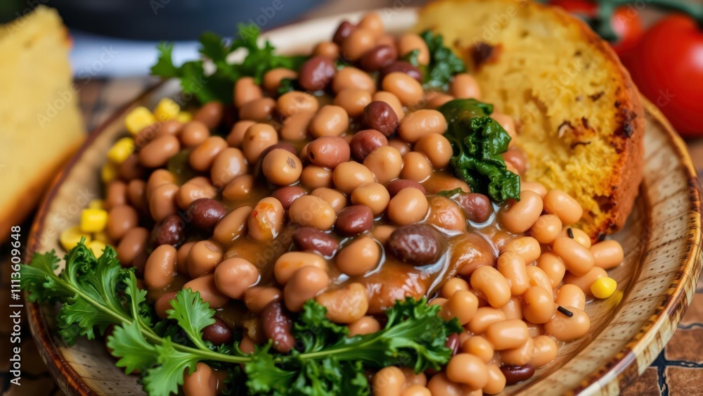 Delicious Bean Stew with Toasted Bread and Fresh Herbs - Perfect for a Cozy Meal Delicious Bean Stew with Toasted Bread and Fresh Herbs - Perfect for a Cozy Meal