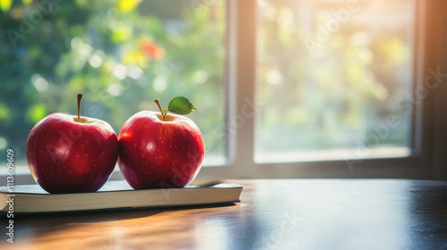 Freshly picked red apples resting on a wooden table in bright sunlight by the...