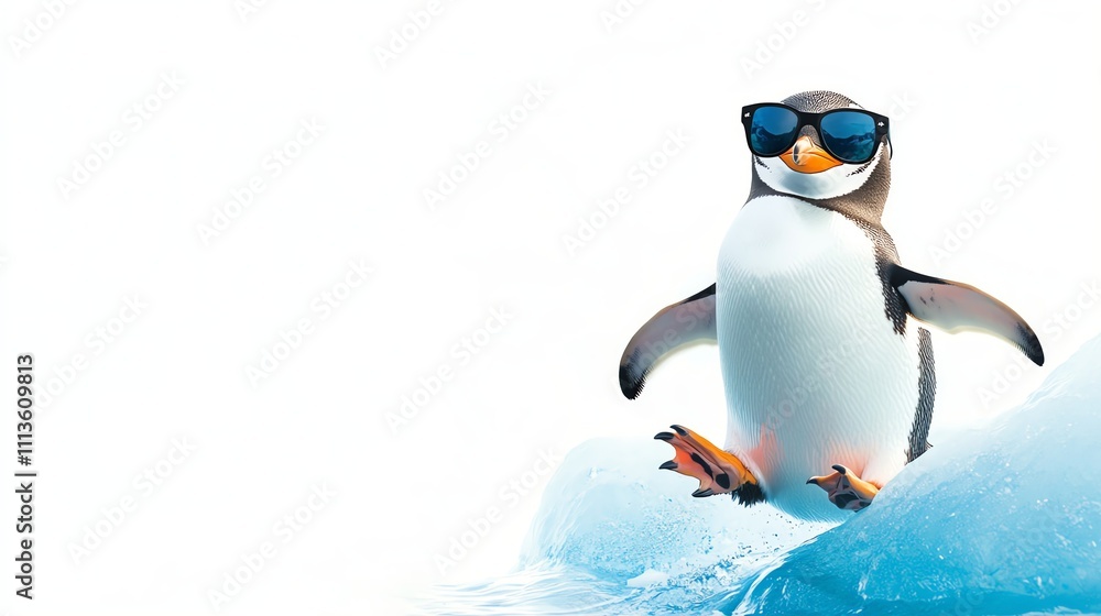 Obraz premium A penguin wearing sunglasses walks across a piece of ice.