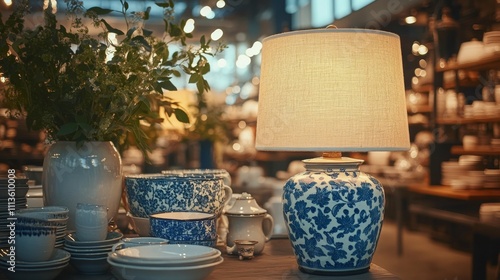 Decorative lamp and china displayed in a cozy home decor store during the aft...