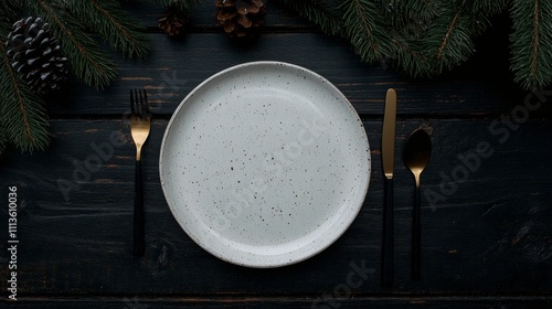 Elegant white plate arranged with utensils on dark wood background decorated ...