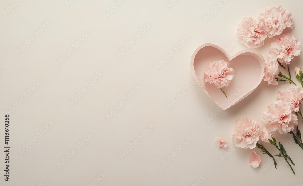Pretty pink carnations arranged in a heart shaped container on a light background Pretty pink carnations arranged in a heart shaped container on a light background