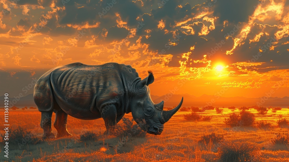 Fototapeta premium A rhinoceros grazing in a vibrant sunset landscape.