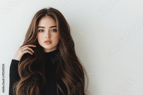 Young woman with long hair poses gracefully against a light background in a c...