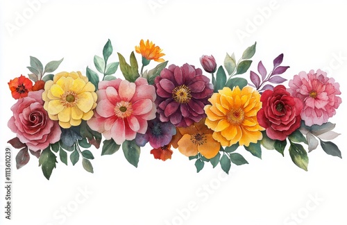 Colorful floral arrangement with various flowers and leaves in a natural style