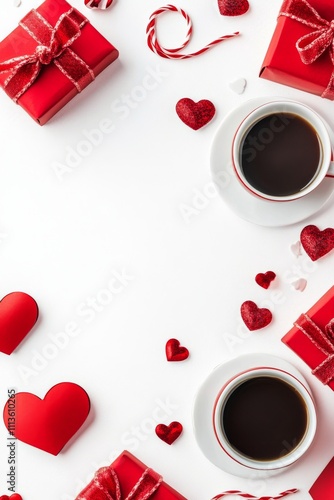 Beautiful red gifts and hearts arranged with coffee for a festive celebration