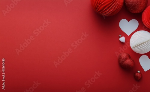 Colorful holiday gifts and decorations arranged on a vibrant red background f...