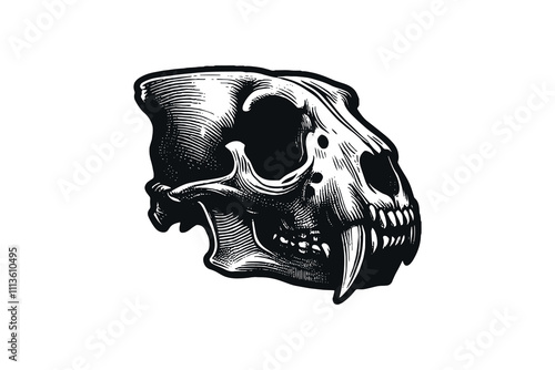 Black-and-white line art illustration of a predator skull, resembling a tiger, lion, or panther, with large fangs. Engraving-style design isolated on a white background for artistic or scientific purp