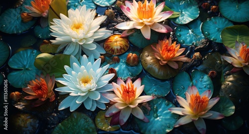 Water lilies bloom in tranquil pond surrounded by green lily pads during sunn...