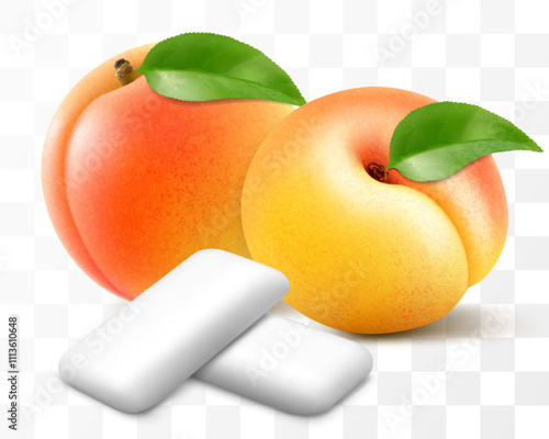 Bubble gum with an apricot or peach flavor. Pads of bubble gum spearmint for fresh breathing. Chewing gums for healthy teeth and dental hygiene. Refreshing candy. Realistic 3D vector illustration
