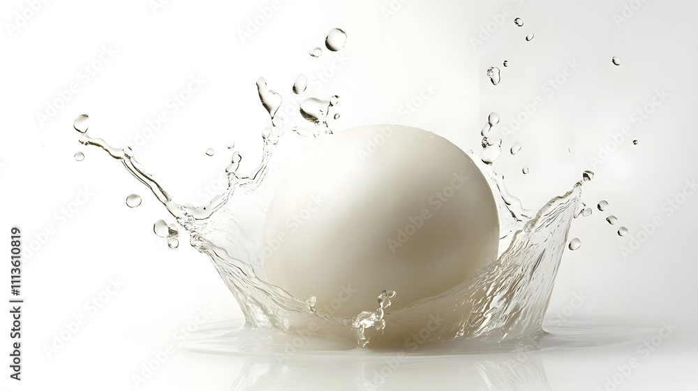 A white sphere creates a splash in clear water, capturing motion and fluid dynamics. A white sphere creates a splash in clear water, capturing motion and fluid dynamics.