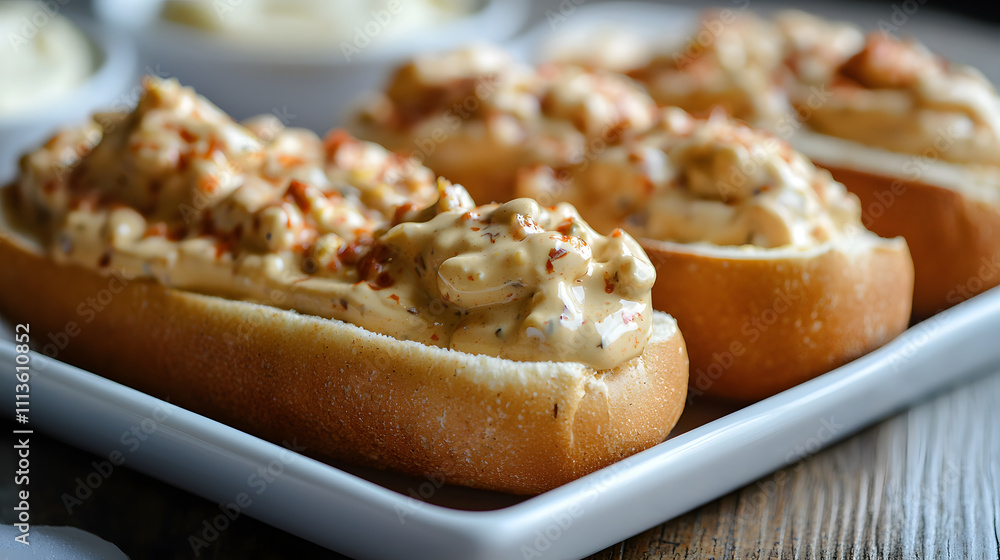 Creamy mayonnaise and Dijon mustard blend on soft bread rolls, garnished with paprika, creating delicious and savory dish perfect for gatherings Creamy mayonnaise and Dijon mustard blend on soft bread rolls, garnished with paprika, creating delicious and savory dish perfect for gatherings