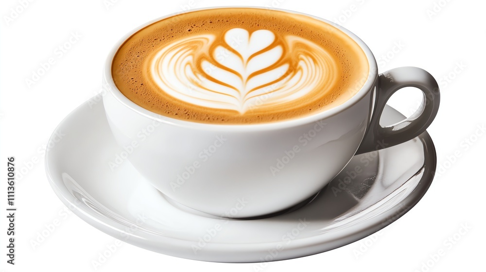A white cup of cappuccino with a beautiful leaf design in the foam. A white cup of cappuccino with a beautiful leaf design in the foam.