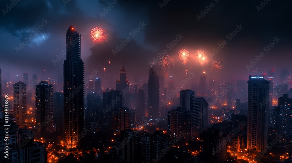 Fototapeta premium City skyline at night with fireworks display in a misty atmosphere.