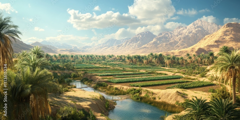 Serene Desert Oasis with Lush Green Fields, Majestic Mountains, Bright Blue Sky, and Silky River Flowing Through Palm Trees and Nature's Splendor Serene Desert Oasis with Lush Green Fields, Majestic Mountains, Bright Blue Sky, and Silky River Flowing Through Palm Trees and Nature's Splendor