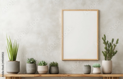 Display of succulents and empty frame on a natural wooden shelf in a modern i...