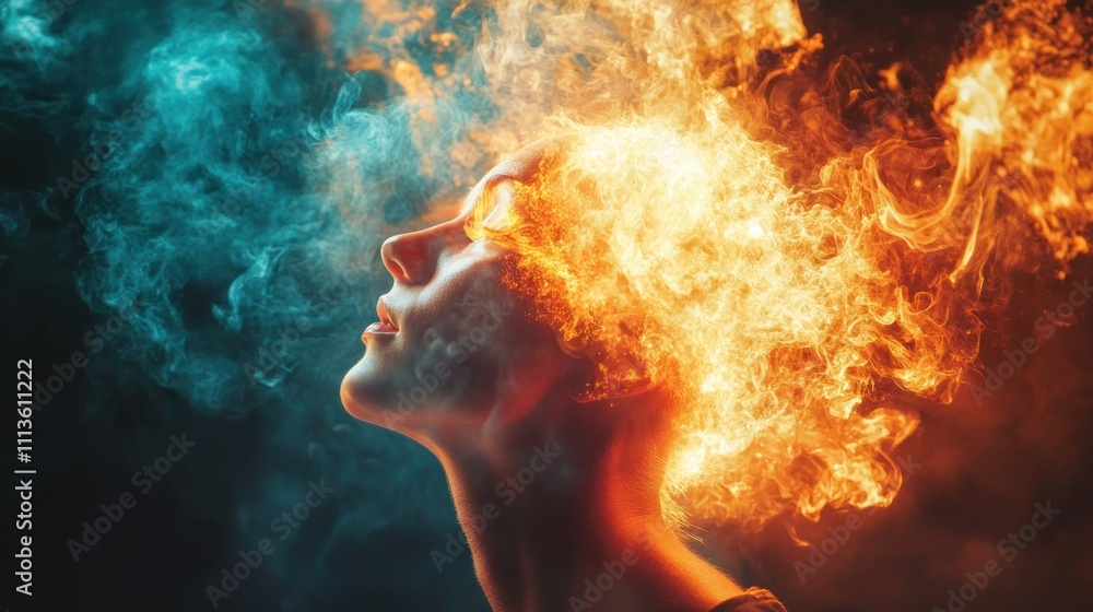 Woman's head engulfed in vibrant flames and smoke, symbolizing inner strength and transformation. Woman's head engulfed in vibrant flames and smoke, symbolizing inner strength and transformation.